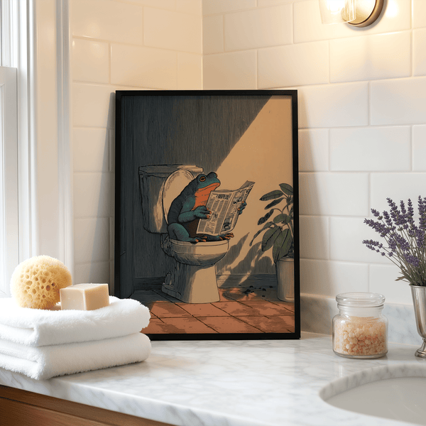 Minimalist Frog Bathroom Art Print in Green Orange Beige tones