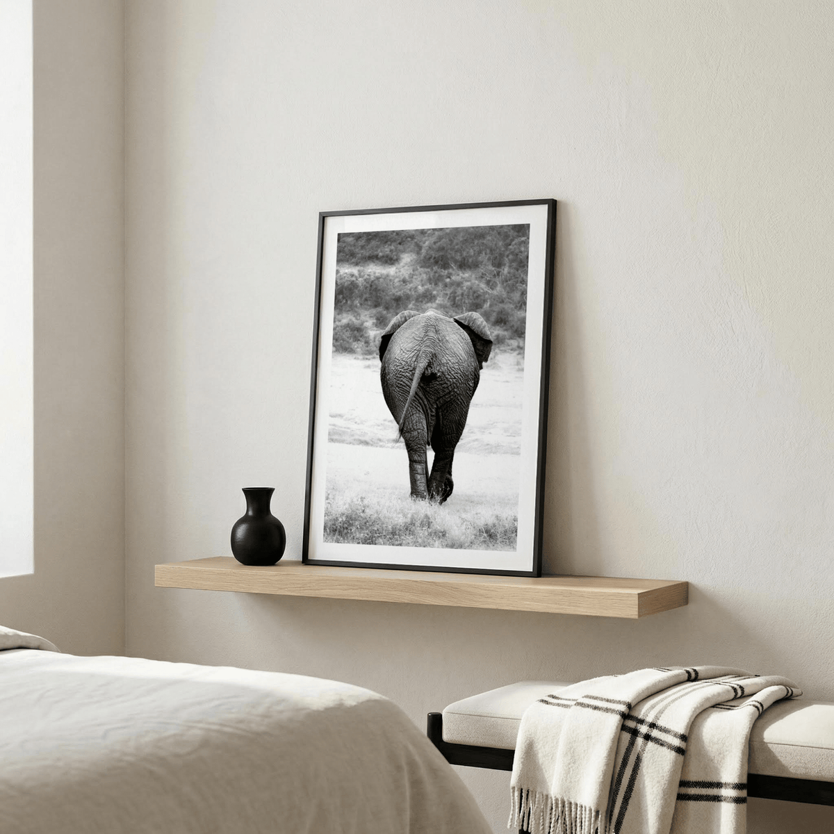 Wild elephant photo print from behind with tail and ears in view