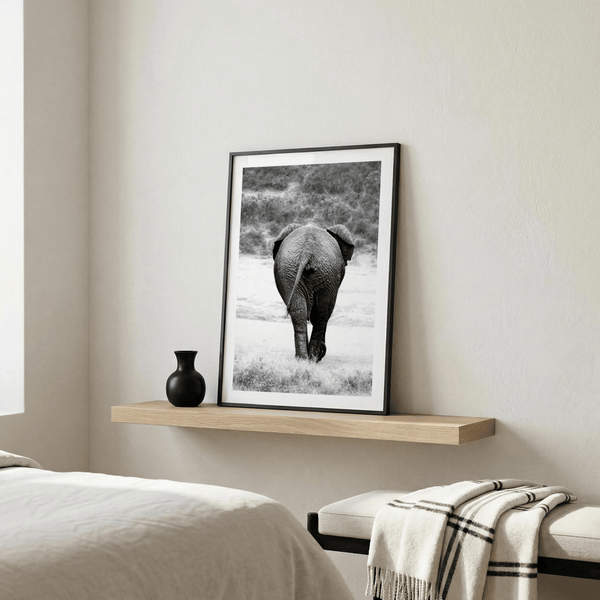 Wild elephant photo print from behind with tail and ears in view