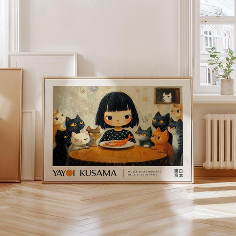 Horizontal poster of a girl with cats for kids&#39; wall decor