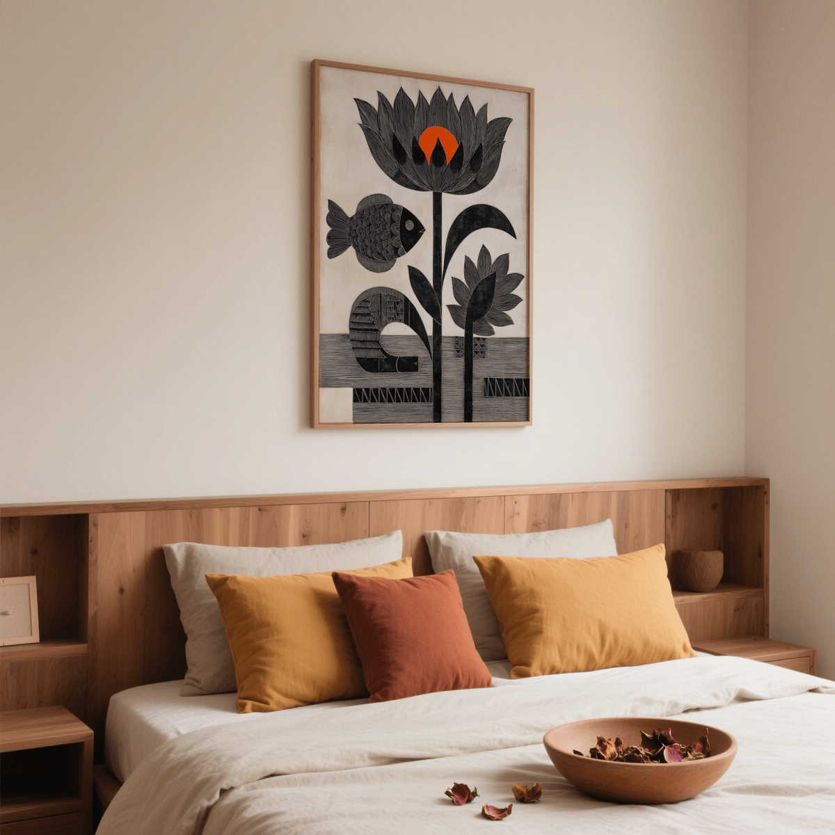 Textured black line illustration poster with lotus flowers and fish motif for wall display
