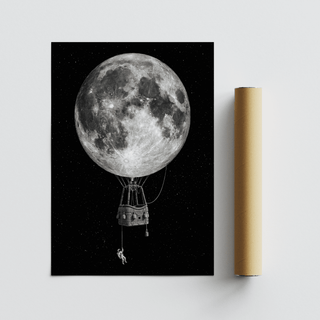 Moon Hot Air Balloon Art gray sky print for modern living room decor
