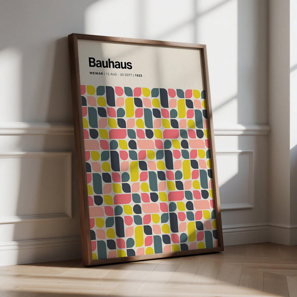 Colorful Wall Poster with vibrant Bauhaus-inspired geometric design in pink, yellow, and teal