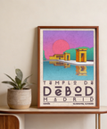 Retro travel poster print showing Templo de Debod temple blocks and hills