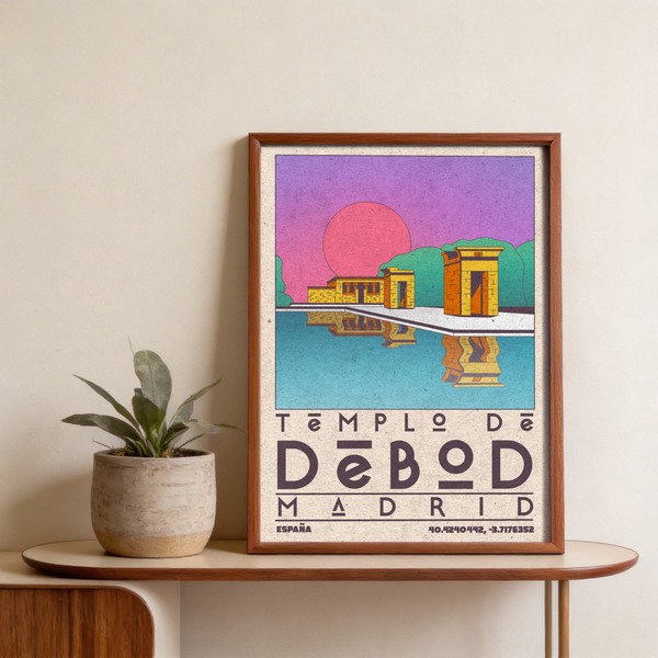 Retro travel poster print showing Templo de Debod temple blocks and hills