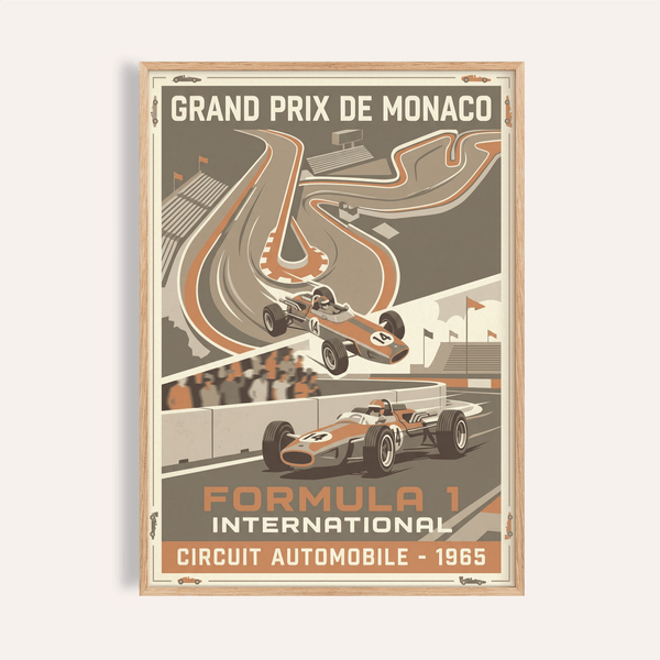 Grand Prix de Monaco vintage racing poster print with two open-wheel cars and winding track