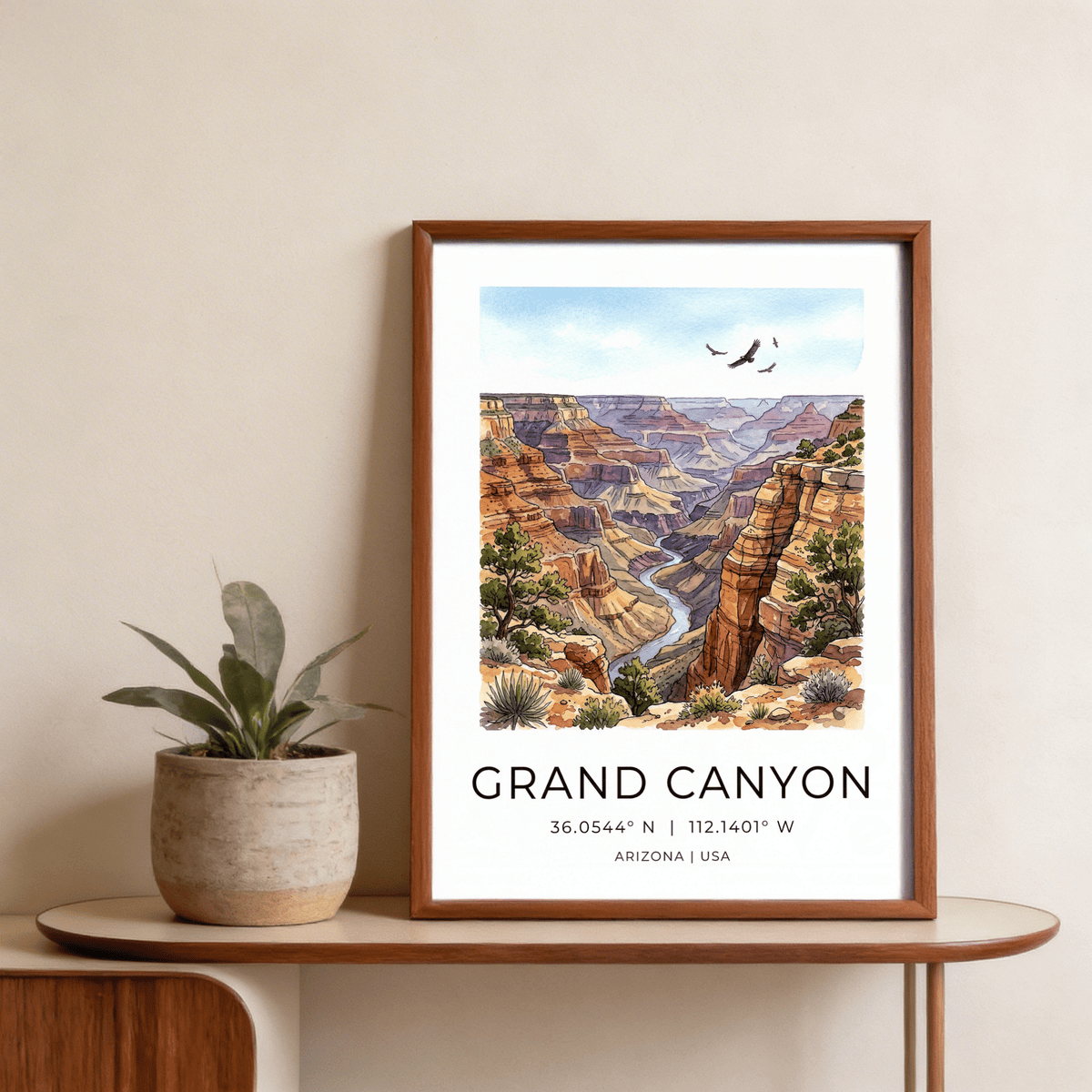 Framed-style mockup of Grand Canyon poster print with title text and coordinates