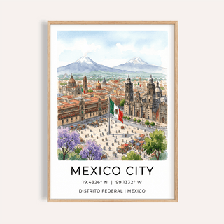 Illustrated Mexico City Poster travel wall art showing cathedral towers and a central plaza