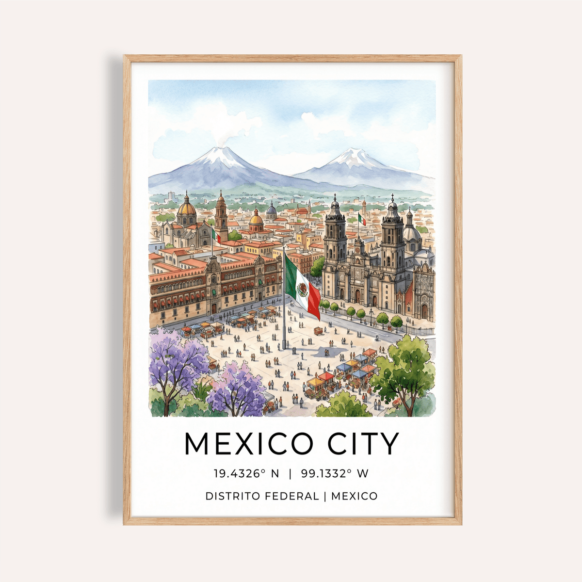 Illustrated Mexico City Poster travel wall art showing cathedral towers and a central plaza