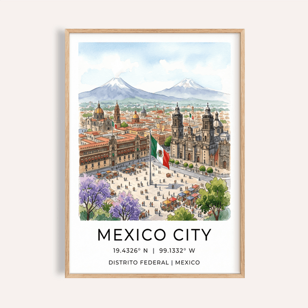 Illustrated Mexico City Poster travel wall art showing cathedral towers and a central plaza