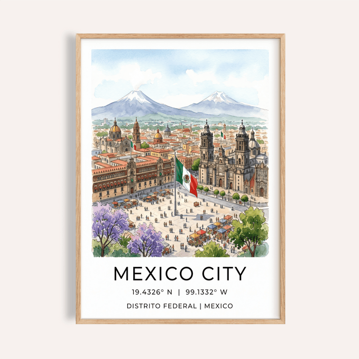 Illustrated Mexico City Poster travel wall art showing cathedral towers and a central plaza