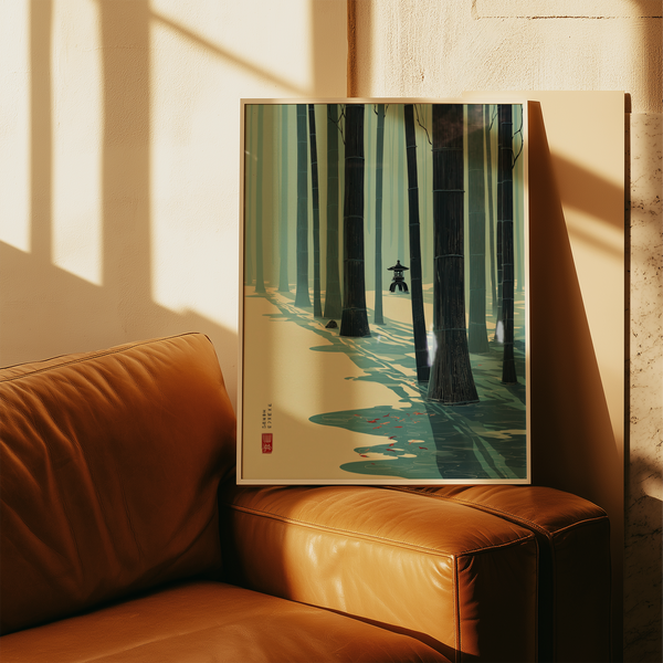 Vertical bamboo forest wall art poster with repeating trunks and depth