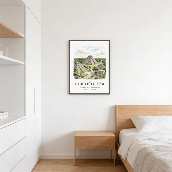 Coordinates travel poster print with Chichén Itzá title and illustrated temple view