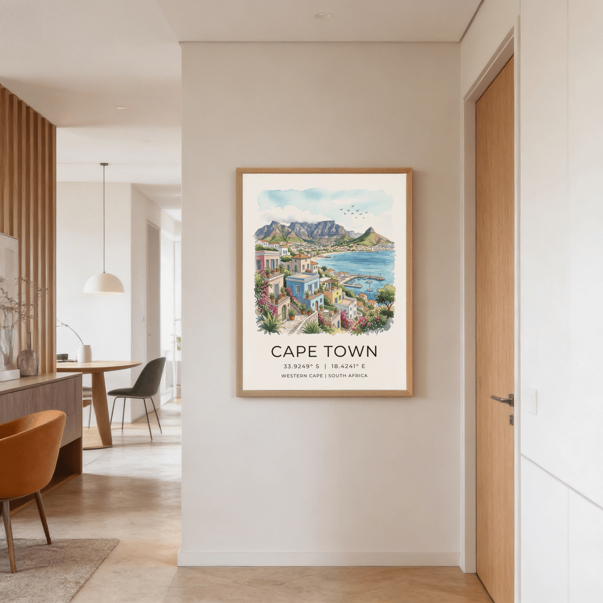 Hillside architecture poster print with balconies, potted plants, and a curved Cape Town shoreline