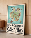 Map-focused Gran Canaria Art Print with hand-drawn buildings, palms, and ocean activities