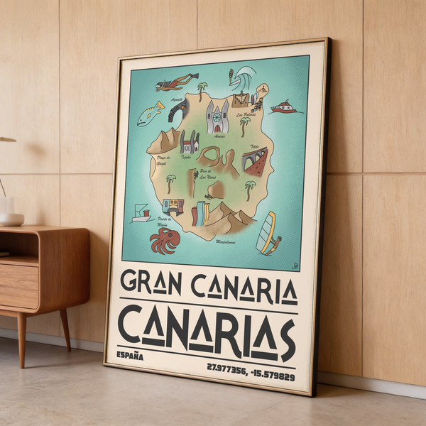 Map-focused Gran Canaria Art Print with hand-drawn buildings, palms, and ocean activities