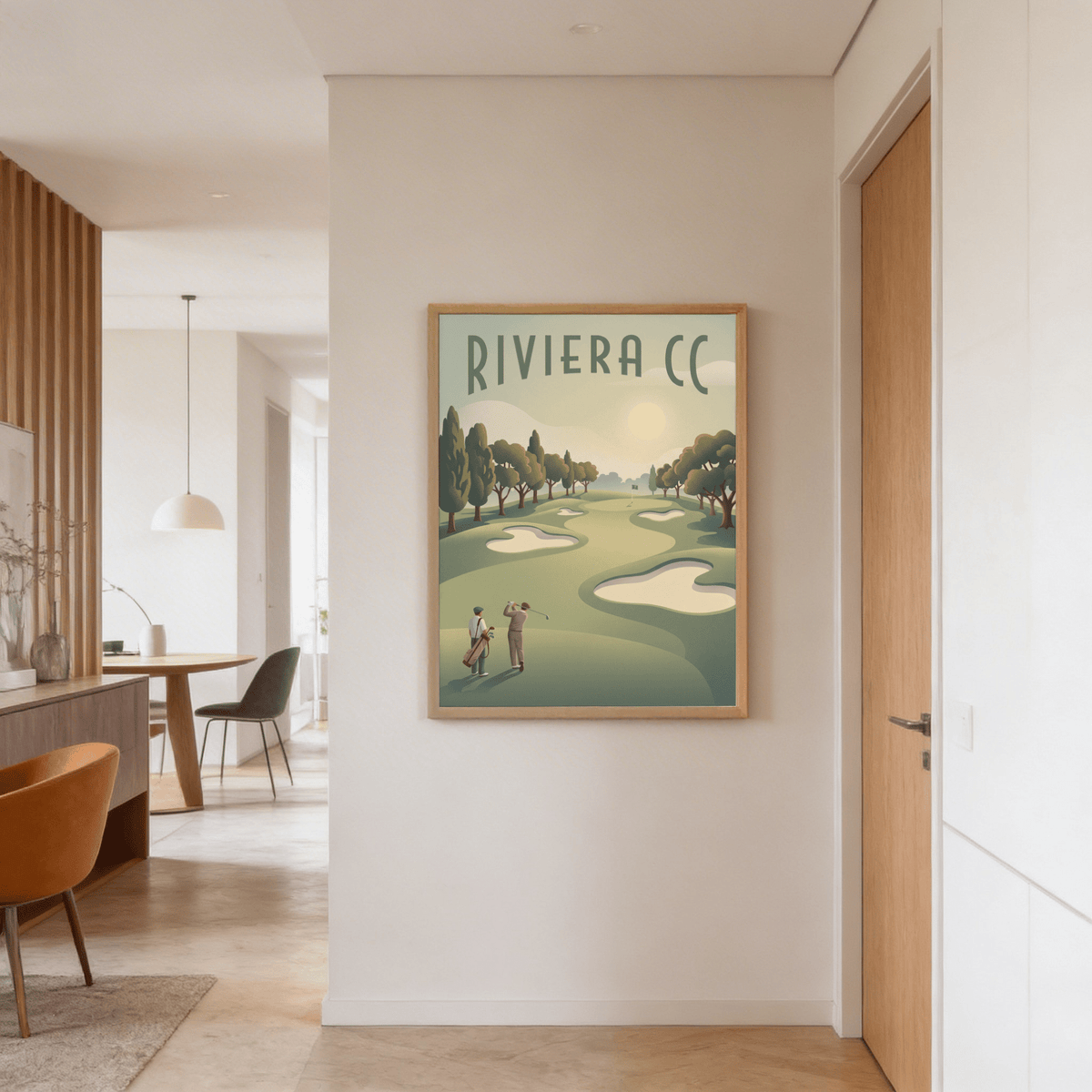 Layered shapes depict bunkers, green, flag, and horizon in muted golf illustration