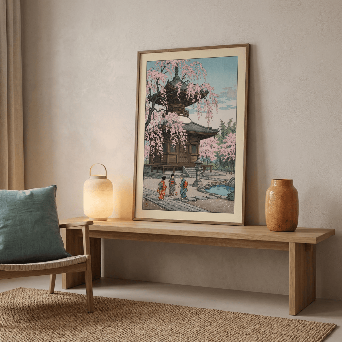Architecture-focused wall art print showing tiered pagoda structure beneath falling cherry blossoms