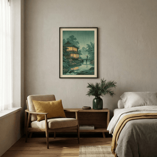 Japanese Landscape Wall Art with traditional house, rain streaks, and calm river