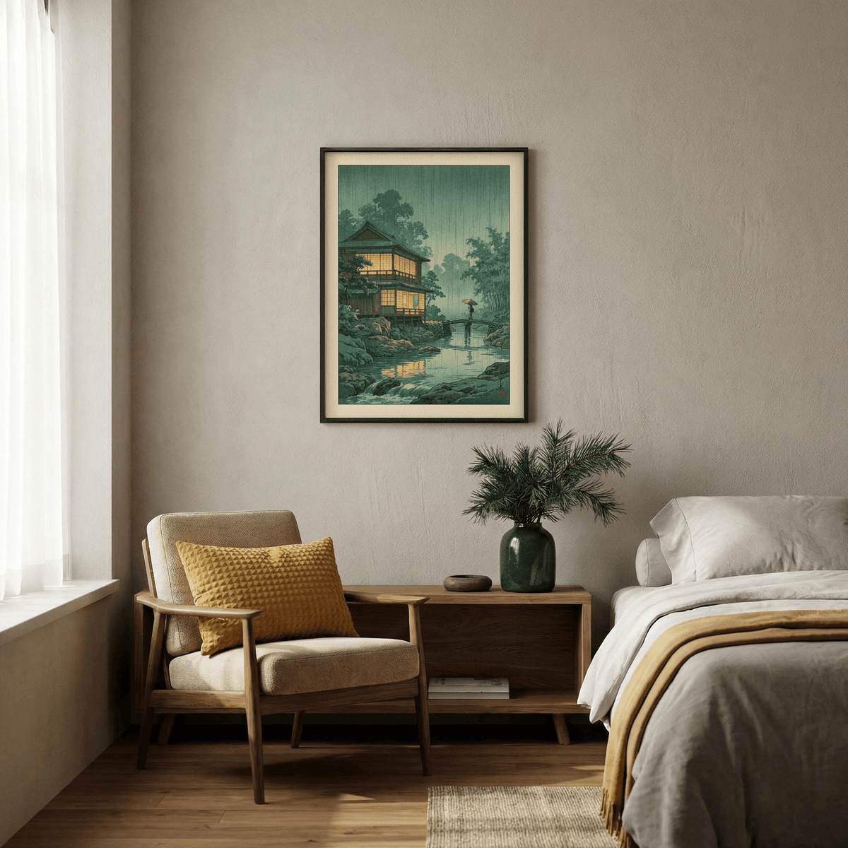 Japanese Landscape Wall Art with traditional house, rain streaks, and calm river
