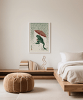 Frog in Rain Art Print using red, green, white, for bedroom decor, poster style