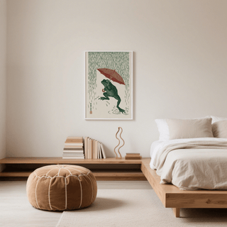 Frog in Rain Art Print using red, green, white, for bedroom decor, poster style