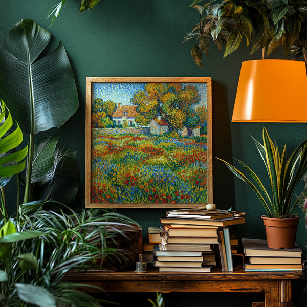 Colorful Floral Landscape Art featuring vibrant yellow, green for study print