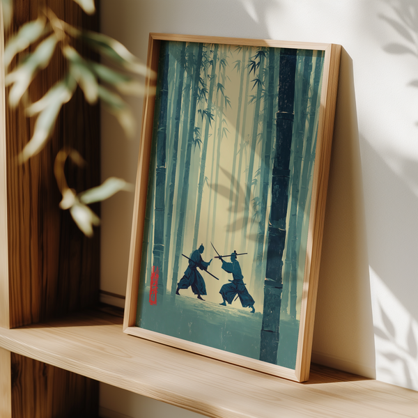 Painterly blue and beige fight scene within a foggy forest of bamboo