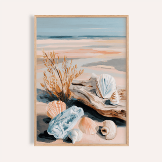 Coastal Shell Art print in Blue and Pink for a bedroom wall art accent