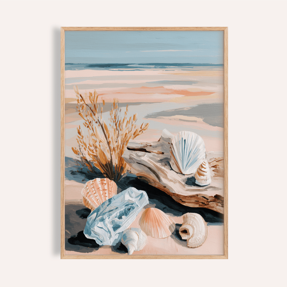 Coastal Shell Art print in Blue and Pink for a bedroom wall art accent