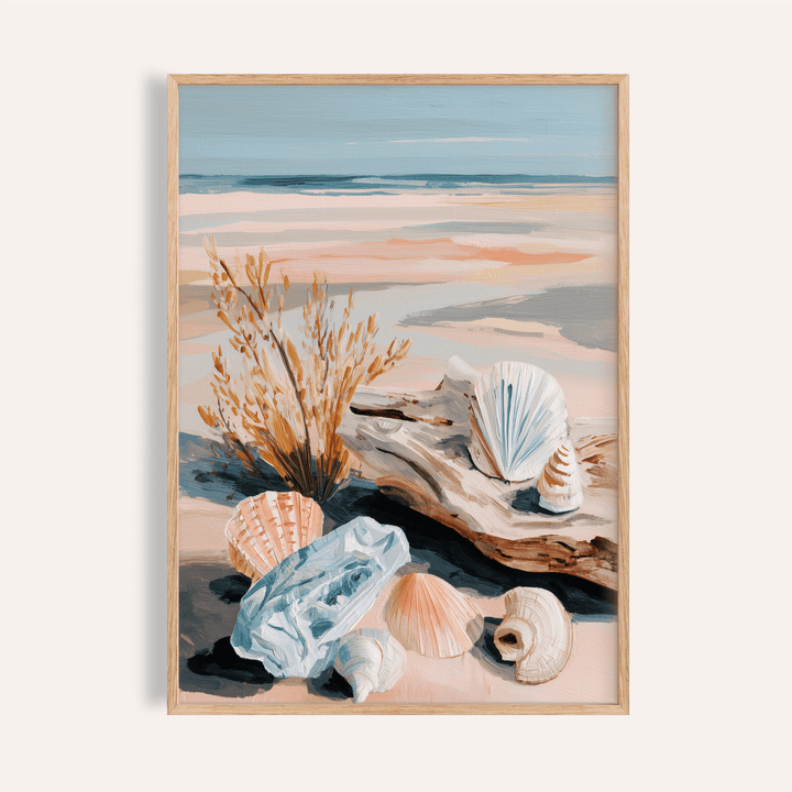 Coastal Shell Art print in Blue and Pink for a bedroom wall art accent