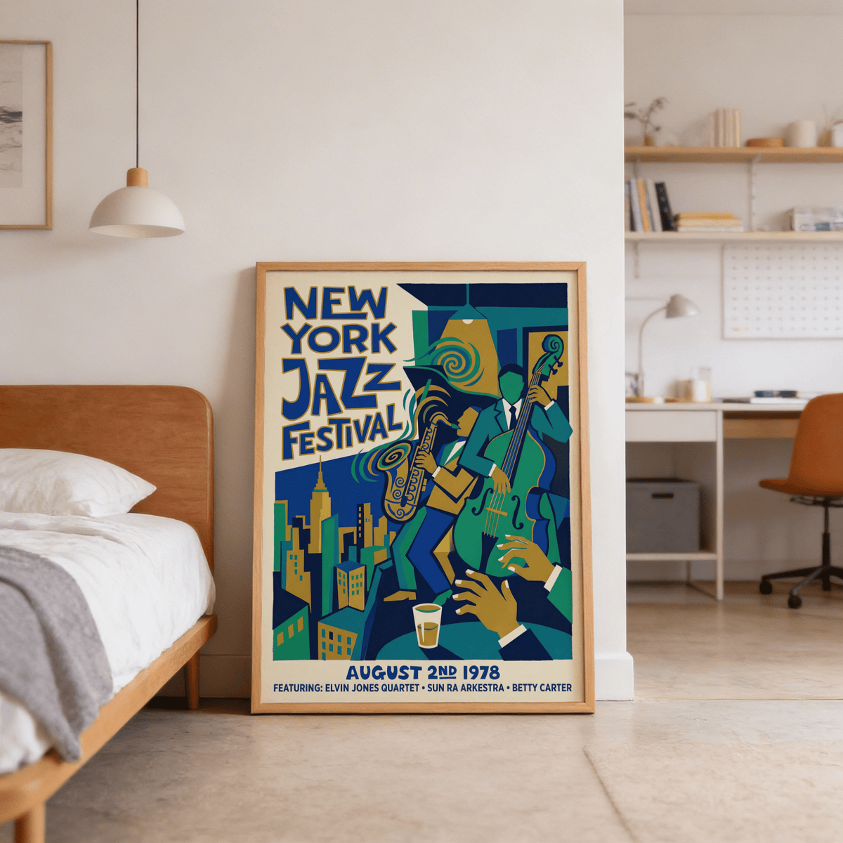 Saxophone-centric music print highlighting sound waves above skyline