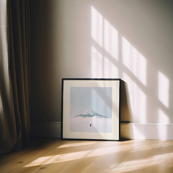 Artistic japan travel poster with spiritual mountain motif for serene space