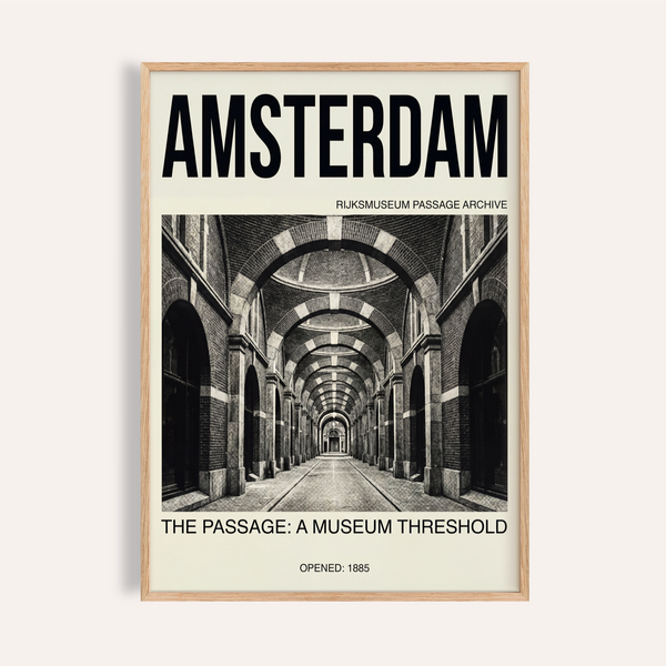 Amsterdam Passage Wall Art poster with arched brick corridor and bold AMSTERDAM text