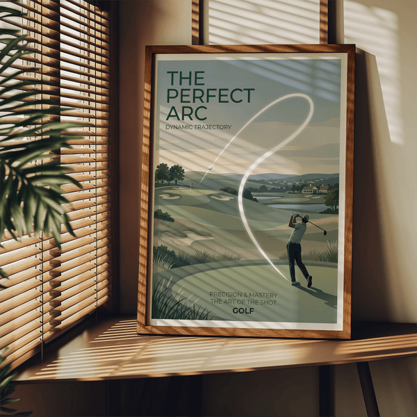 Graphic landscape print of rolling fairways, sand bunkers, and a dramatic ball-flight curve, Golf Course Wall Art