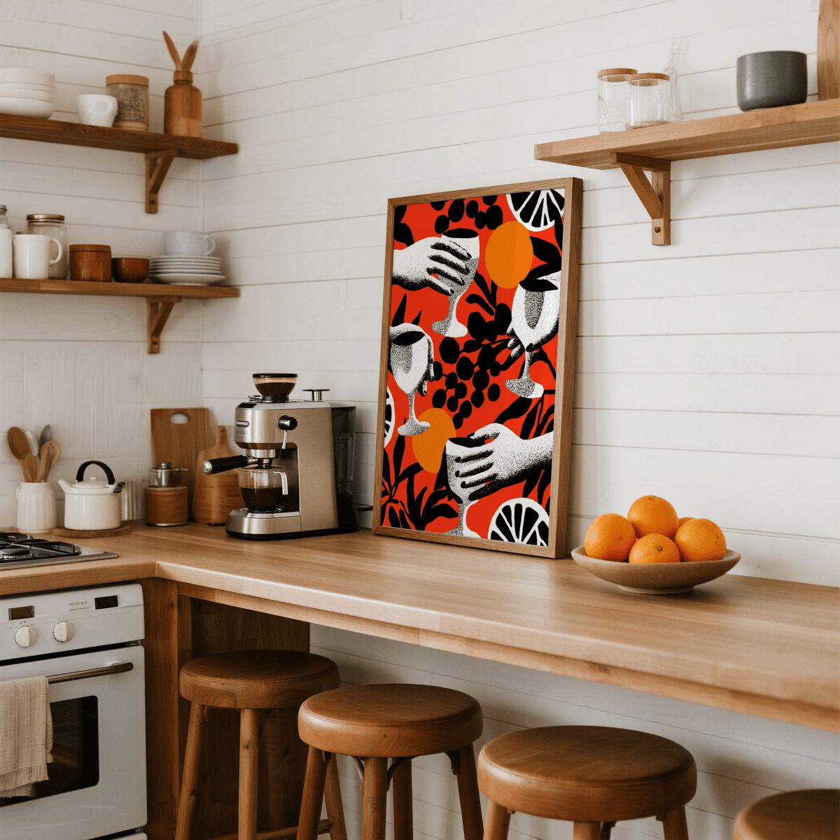 Patterned bar wall art print showing stemmed glasses, berries, and leafy shapes