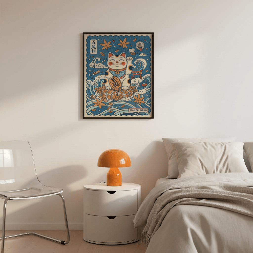 Lantern motif and maple leaves drift around the central figure
