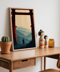 Modern Japanese landscape poster framed by bold rectangular gate