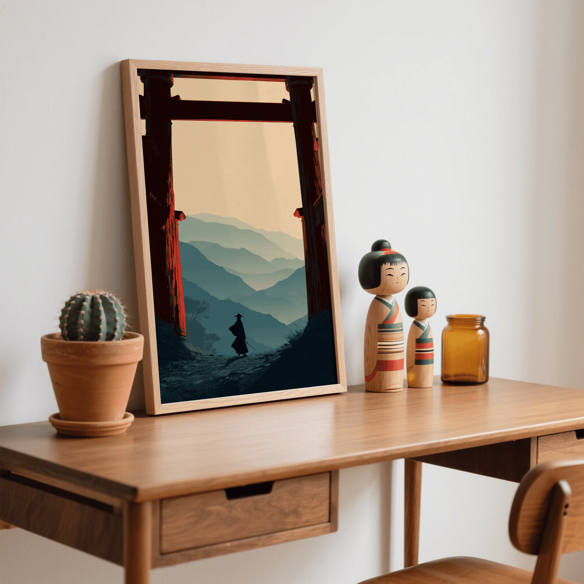 Modern Japanese landscape poster framed by bold rectangular gate