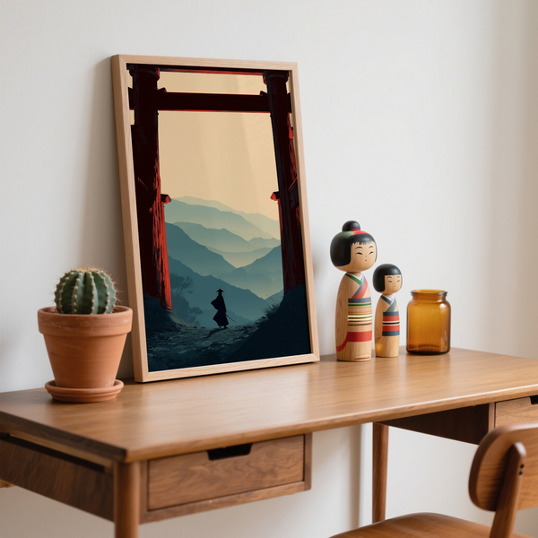 Modern Japanese landscape poster framed by bold rectangular gate