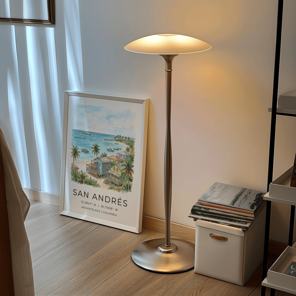 San Andres Art Print with watercolor sea view, palm-lined shore, and location coordinates