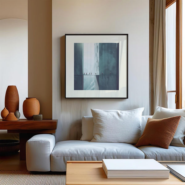 Minimalist cityscape poster with surreal industrial high-rises