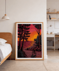 Nightfall-style landscape wall art print featuring tree silhouettes, calm water, and a bike rider