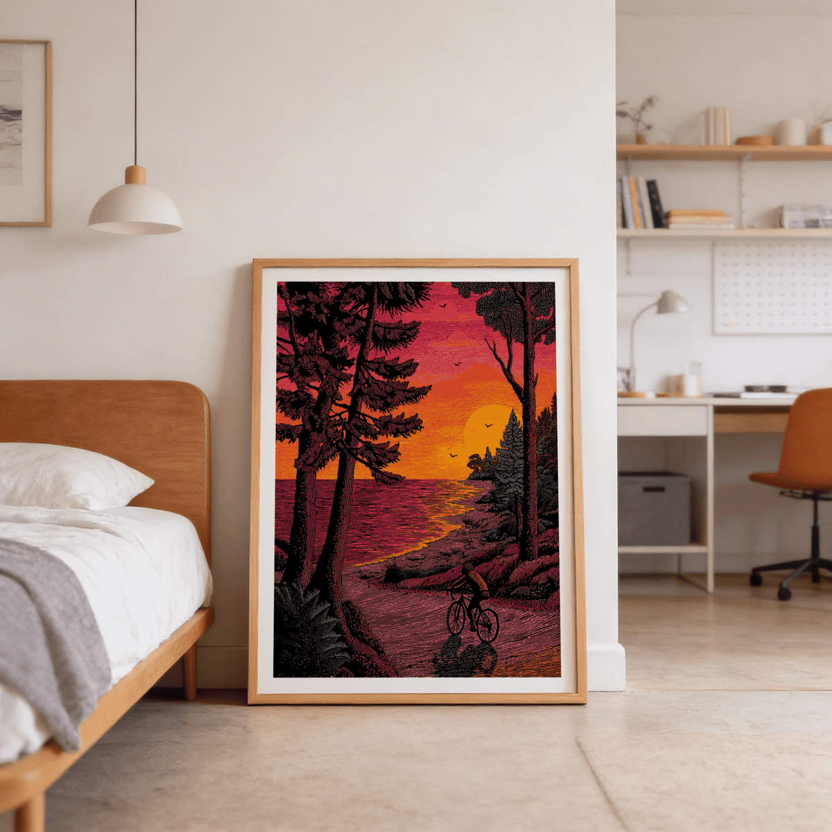 Nightfall-style landscape wall art print featuring tree silhouettes, calm water, and a bike rider