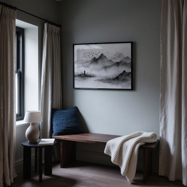 Layered peaks and a pagoda beneath a cloudy sky, black and white landscape print.