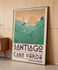 Illustrated travel print poster of Santiago Cabo Verde with rolling hills, shoreline, and bold typography