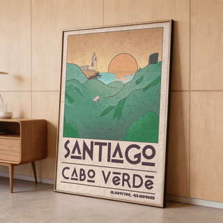 Illustrated travel print poster of Santiago Cabo Verde with rolling hills, shoreline, and bold typography