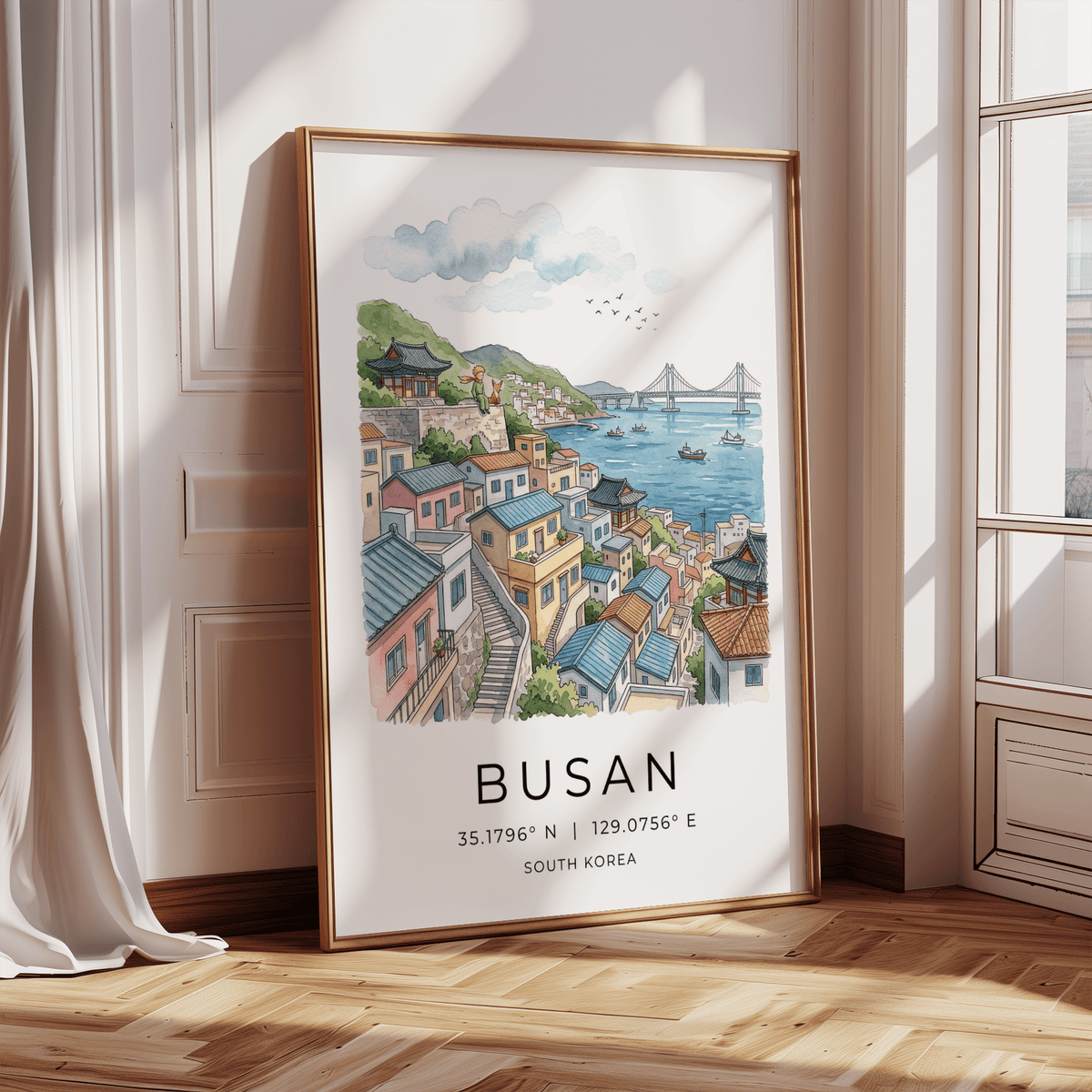 South Korea Art Print of Busan skyline with pavilion and bay
