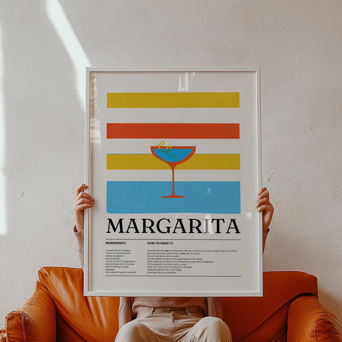 Margarita wall art featuring a citrusy cocktail with striped retro background.