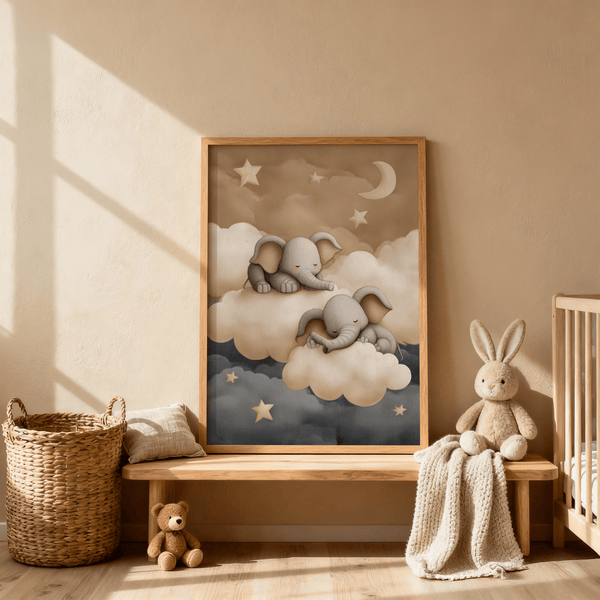 Gray and beige Baby Elephants Nursery Art for a gender-neutral baby room poster